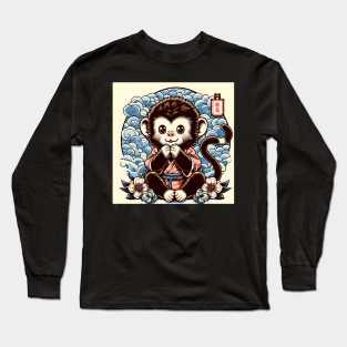 Cute Kawaii monkey king wearing a kimono with flower classic design Long Sleeve T-Shirt